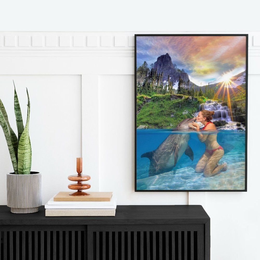 20x30 Kissing Dolphin Sunset‎ Waterfall Watercolor Oil Painting Poster Print